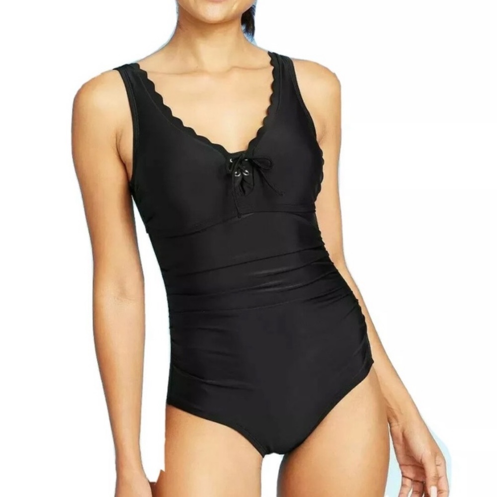 Black Scallop Lace Up One Piece Swimsuit | Size Large